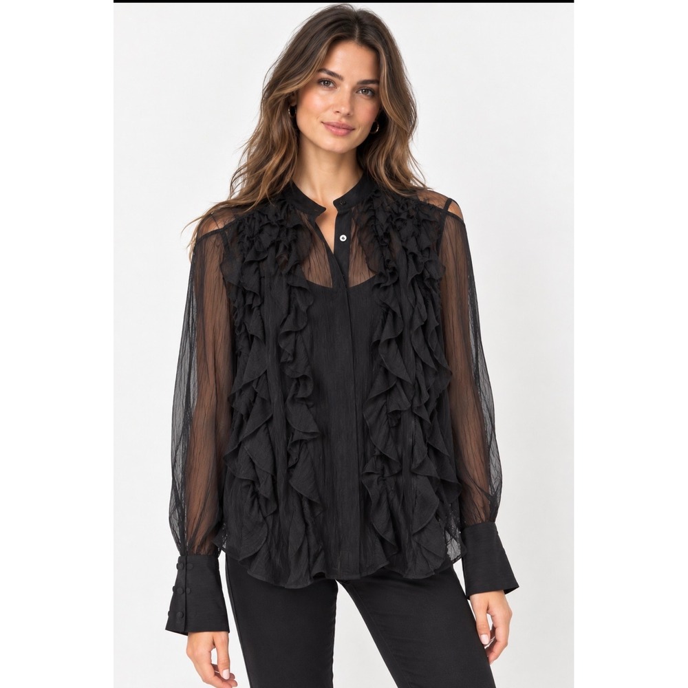 NWT J.Crew CF457 Ruffle Front Sheer Blouse Black Size 4